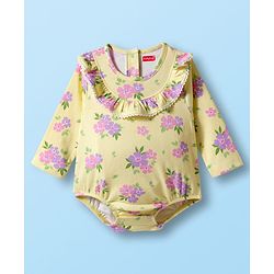 Babyhug 100% Cotton Knit Full Sleeves Onesie With Floral Print & Headband - Yellow
