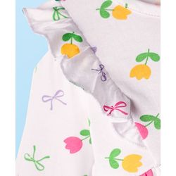 Babyhug 100% Cotton Single Jersey Knit Full Sleeves Frock Style Onesie with Headband Frill Detailing Bow Applique & Floral Print - White