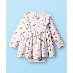 Babyhug 100% Cotton Single Jersey Knit Full Sleeves Frock Style Onesie with Headband Frill Detailing Bow Applique & Floral Print - White