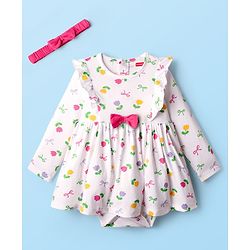 Babyhug 100% Cotton Single Jersey Knit Full Sleeves Frock Style Onesie with Headband Frill Detailing Bow Applique & Floral Print - White