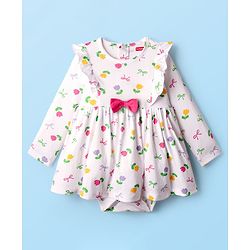 Babyhug 100% Cotton Single Jersey Knit Full Sleeves Frock Style Onesie with Headband Frill Detailing Bow Applique & Floral Print - White