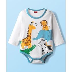 Babyhug 100% Cotton Knit Full Sleeves Onesie with Animal Print - White