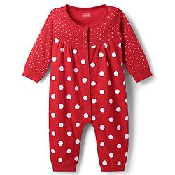 Babyhug 100% Cotton Knit Full Sleeves Front Open Romper with Polka Dots Print - Red