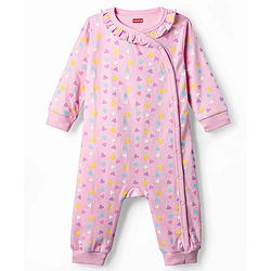 Babyhug 100% Cotton Interlock Knit Full Sleeves Romper with Heart Print - Light Pink