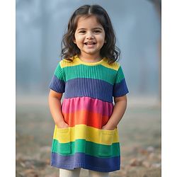 Babyhug Sweater Knit Half Sleeves Striped Woolen Dress - Multicolour