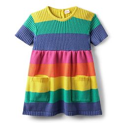 Babyhug Sweater Knit Half Sleeves Striped Woolen Dress - Multicolour