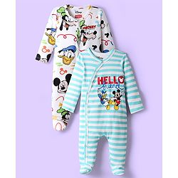 Babyhug Disney 100% Cotton Full Sleeves Footed Sleep Suits With Mickey Mouse Graphics Pack Of 2- Multi Colour