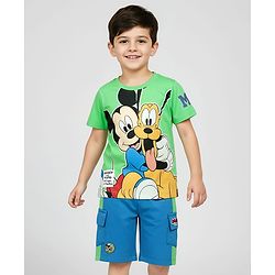 Babyhug Disney Single Jersey Knit Half Sleeves T-Shirt & Shorts Set with Mickey Mouse Graphics & Badge Detailing - Blue & Green