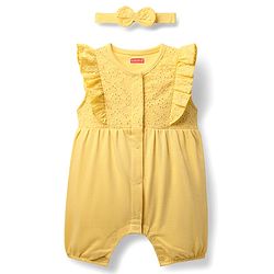 Babyhug 100% Cotton Single Jersey Knit Frill Sleeves Schiffli Romper with Bow Headband - Yellow