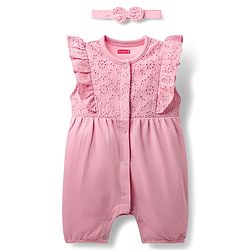 Babyhug 100% Cotton Single Jersey Knit Embroidered Romper With Headband - Pink