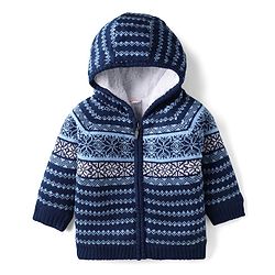 Babyhug Knit Full Sleeves Fur Lined Hooded Front Open Sweater with Aztec Design - Navy Blue