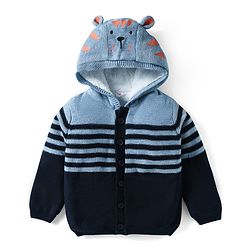 Babyhug Knit Full Sleeves Striped Hooded Front Open Sweater with Ear Applique - Light Blue