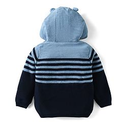 Babyhug Knit Full Sleeves Striped Hooded Front Open Sweater with Ear Applique - Light Blue