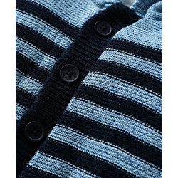 Babyhug Knit Full Sleeves Striped Hooded Front Open Sweater with Ear Applique - Light Blue