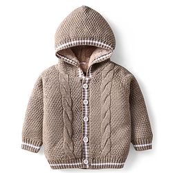 Babyhug Knitted Full Sleeves Fur Lined Hooded Front Open Sweater With Cable Knit Design - Beige