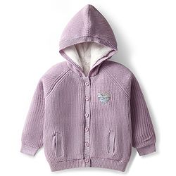 Babyhug Knit Full Raglan Sleeves Hooded Front Open Sweater with Sequin Detailing - Lavender