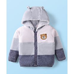 Babyhug Knit Full Sleeves Fur Lined Hooded Front Open Sweater with Color Blocks & Bear Patch - Blue