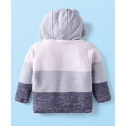 Babyhug Knit Full Sleeves Fur Lined Hooded Front Open Sweater with Color Blocks & Bear Patch - Blue