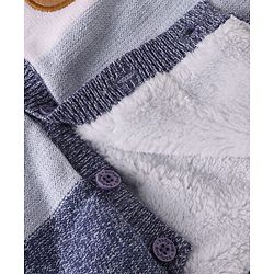 Babyhug Knit Full Sleeves Fur Lined Hooded Front Open Sweater with Color Blocks & Bear Patch - Blue