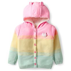 Babyhug Knit Full Sleeves Front Open Hooded Sweater With Bunny Applique - Yellow
