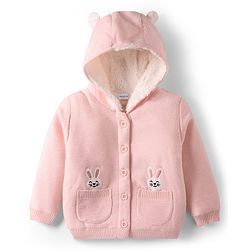 Babyhug Knitted Full Sleeves Front Open Hooded Sweater With Bunny Embroidery - Pink