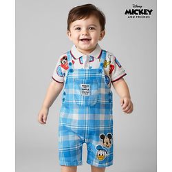 Babyhug Disney Single Jersey Knit Half Sleeve Polo T-Shirts & Dungaree Set with Mickey Mouse Graphic and Badge Detailing - White & Light Blue