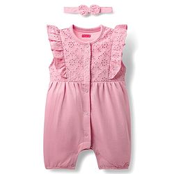 Babyhug 100% Cotton Knit Frill Sleeves Front Open Romper with Hairband & Schiffli Detailing - Pink