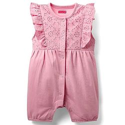 Babyhug 100% Cotton Knit Frill Sleeves Front Open Romper with Hairband & Schiffli Detailing - Pink