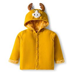 Babyhug Knit Full Sleeves Front Open Hooded Sweater with Reindeer Applique - Yellow
