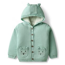 Babyhug Knit Full Sleeves Hooded Front Open Sweater with Ear Applique - Sea Green