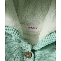 Babyhug Knit Full Sleeves Hooded Front Open Sweater with Ear Applique - Sea Green