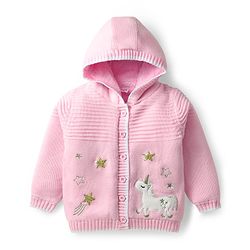 Babyhug Knit Full Sleeves Front Open Hooded Sweater With Unicorn Embriodery - Pink