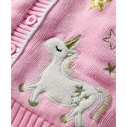 Babyhug Knit Full Sleeves Front Open Hooded Sweater With Unicorn Embriodery - Pink