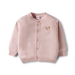 Babyhug Cotton Knit Full Sleeves Front Open Sweater with Lion Patch Design - Pink