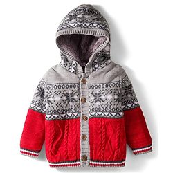 Babyhug Knit Full Sleeves Hooded Front Open Sweater with Aztec Design - Red & Grey