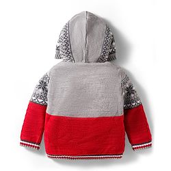 Babyhug Knit Full Sleeves Hooded Front Open Sweater with Aztec Design - Red & Grey