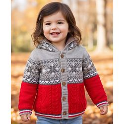 Babyhug Knit Full Sleeves Hooded Front Open Sweater with Aztec Design - Red & Grey