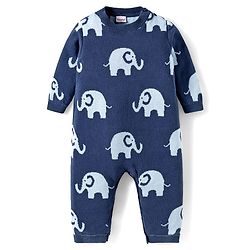 Babyhug 100% Cotton Knit Full Sleeves Winter Wear Romper with Elephant Print - Navy Blue