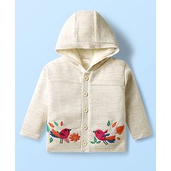 Babyhug Knit Full Sleeves Front Open Hooded Sweater with Bird Embroidery - Cream