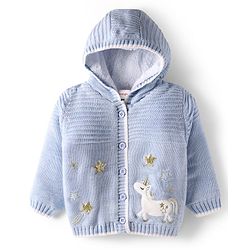 Babyhug Knit Full Sleeves Hooded Front Open Sweater With Unicorn Embroidery & Star Sequin - Light Blue