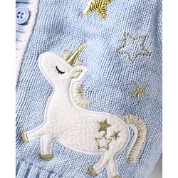 Babyhug Knit Full Sleeves Hooded Front Open Sweater With Unicorn Embroidery & Star Sequin - Light Blue
