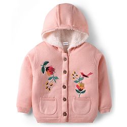 Babyhug Knitted Full Sleeves Front Open Hooded Sweater With Floral & Bird Embroidery - Pink
