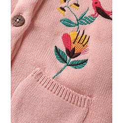 Babyhug Knitted Full Sleeves Front Open Hooded Sweater With Floral & Bird Embroidery - Pink