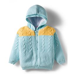 Babyhug Knit Full Sleeves Front Open Hooded Sweater with Cable Knit Design - Aqua Blue