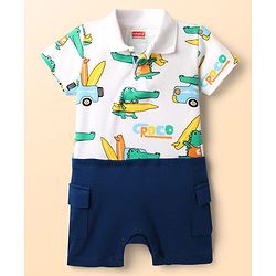 Babyhug 100% Cotton Interlock Knit Half Sleeves Romper with Dino Print - Navy Blue & White