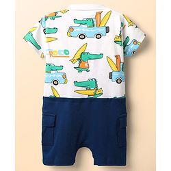 Babyhug 100% Cotton Interlock Knit Half Sleeves Romper with Dino Print - Navy Blue & White