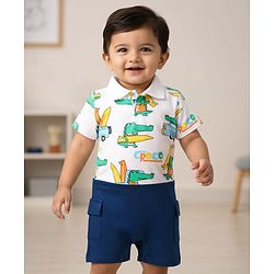 Babyhug 100% Cotton Interlock Knit Half Sleeves Romper with Dino Print - Navy Blue & White