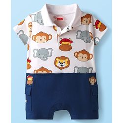 Babyhug 100% Cotton Knit Half Sleeves Romper with with Animal Print - White & Navy Blue