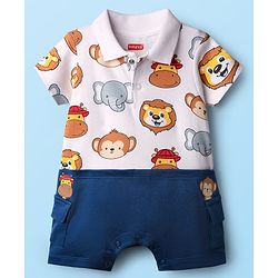Babyhug Interlock Knit Half Sleeves Romper with Animal Print - Navy Blue & White