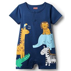 Babyhug 100% Cotton Interlock Knit Half Sleeves Romper with Animal Print - Navy Blue